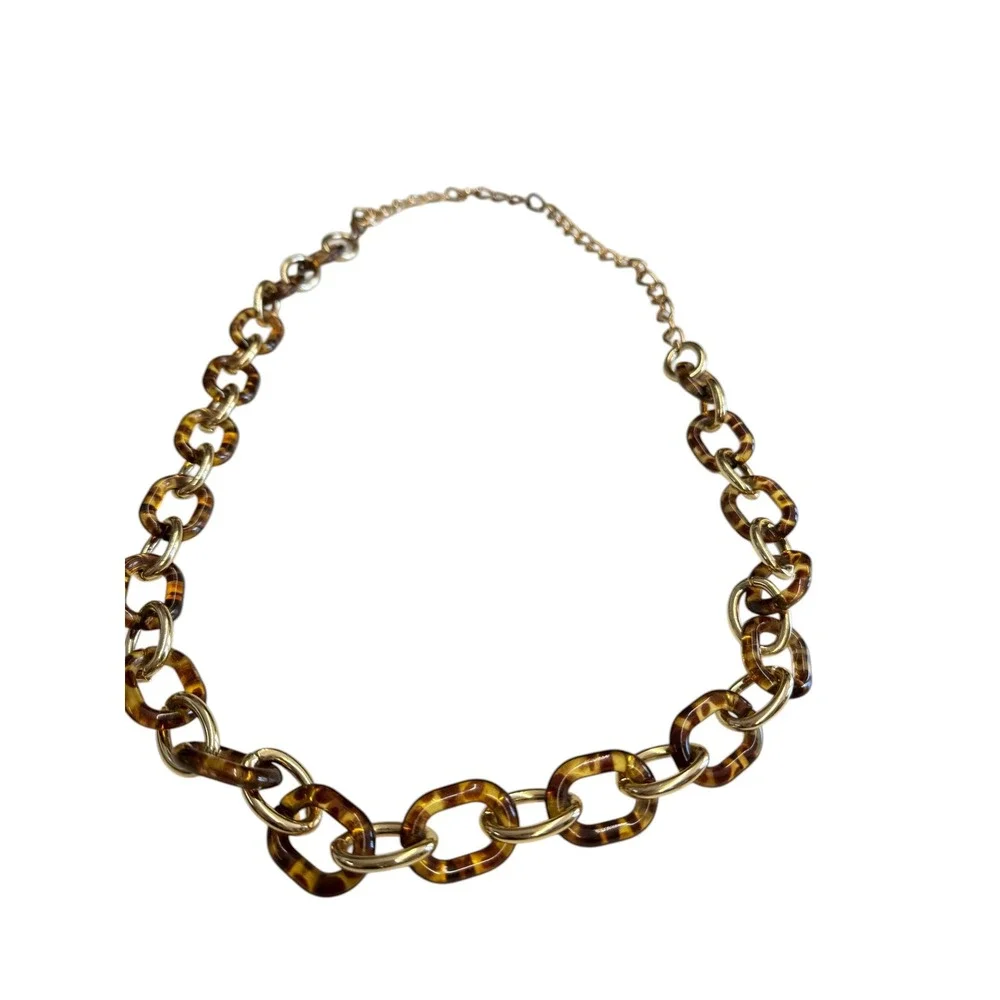 Tortoise Shell Chunky Chain Link Necklace‎ Gold Tone Adjustable Statement Brown